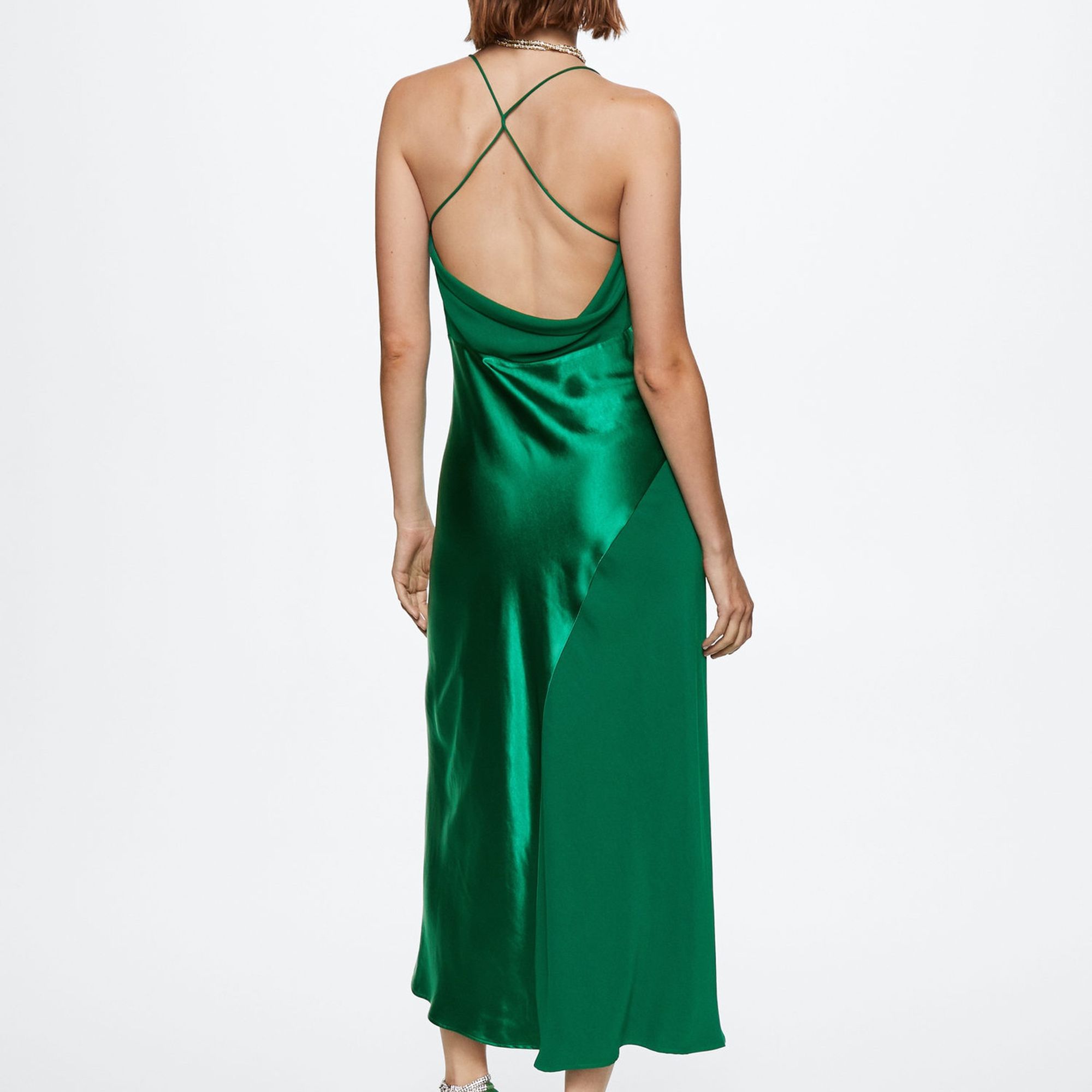 ★MANGOMANYPLEASE★ URTH SATIN ONE PIECE (3colors) Satin panel dress, Brand : Mango, Color: Green, Size: L